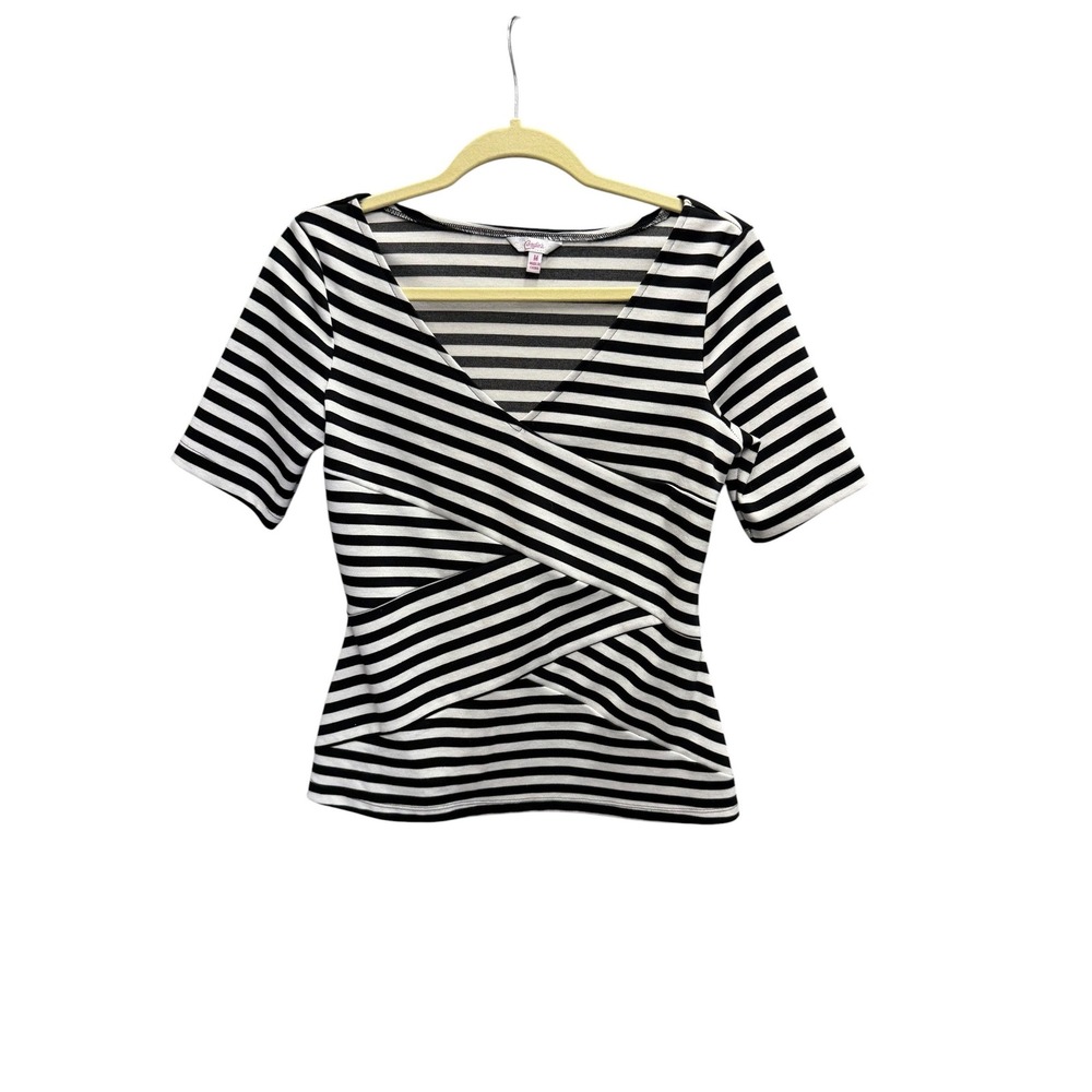 Candies Surplice Wrap Style Front Med Black White Stripe V-Neck Short Sleeve